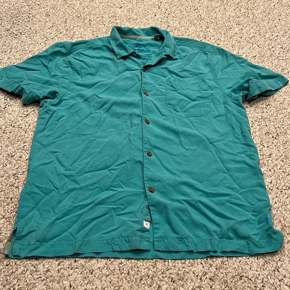 Tommy Bahama Button Down Silk Short Sleeve Shirt Sz Medium Teal Beach Coastal